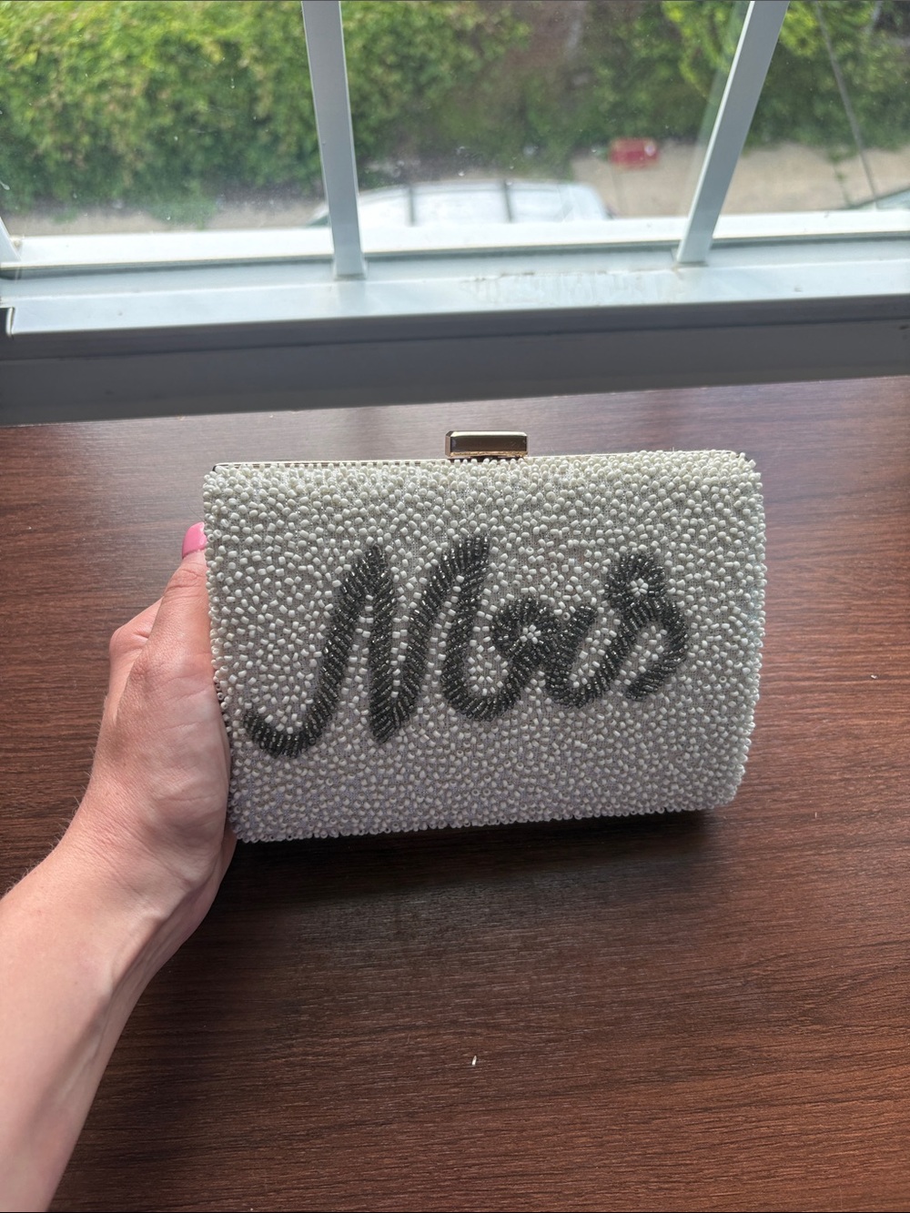 Pearl Beaded Clutch with ‘Mrs’ Metallic Script and Gold Chain - Picture 6 of 7
